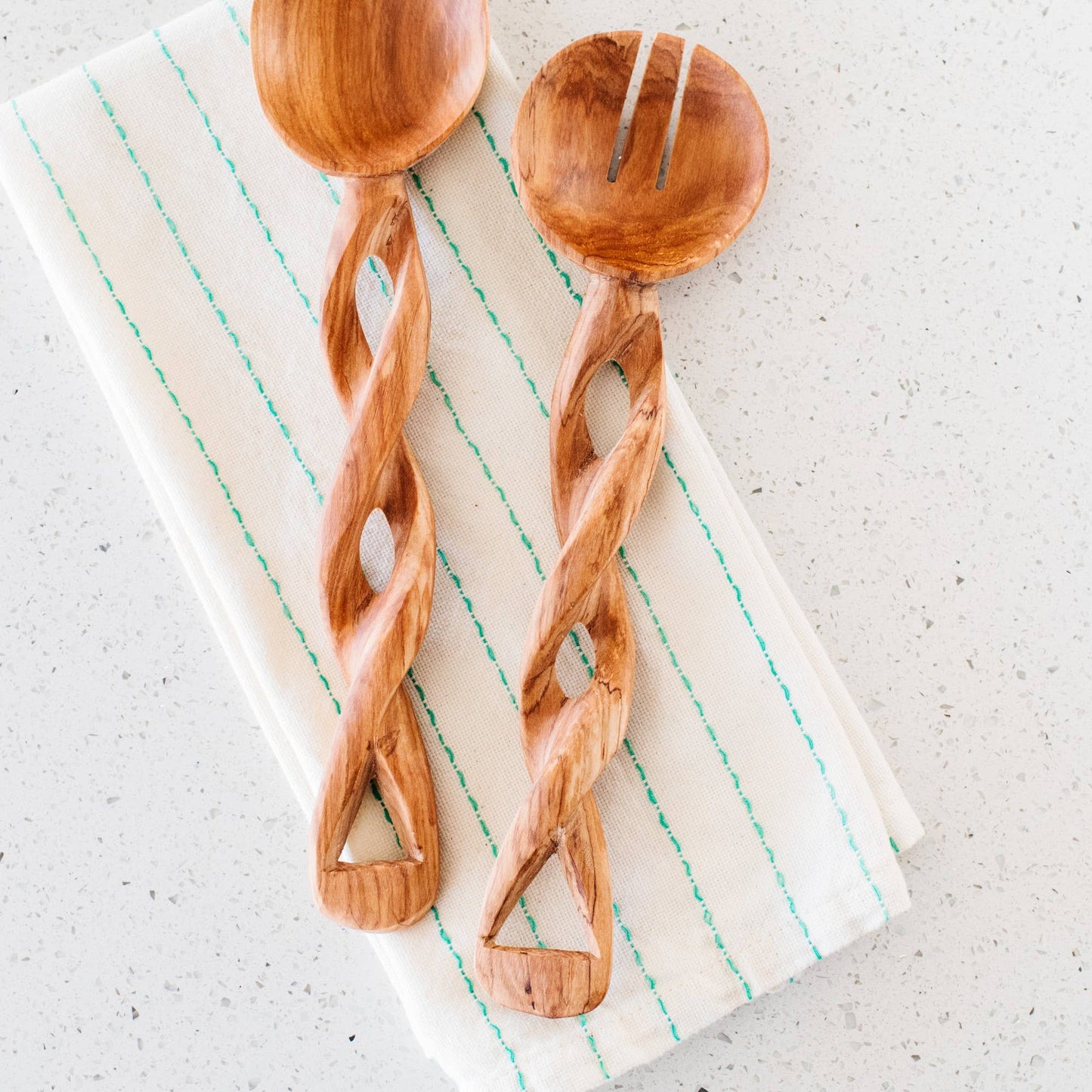 Olivewood Twisted Salad Serving Set Spoons