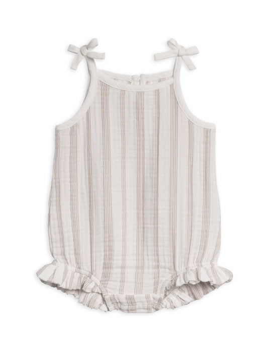 Organic Ada Muslin Ruffle Tank Romper - Enzo Stripe / Beige