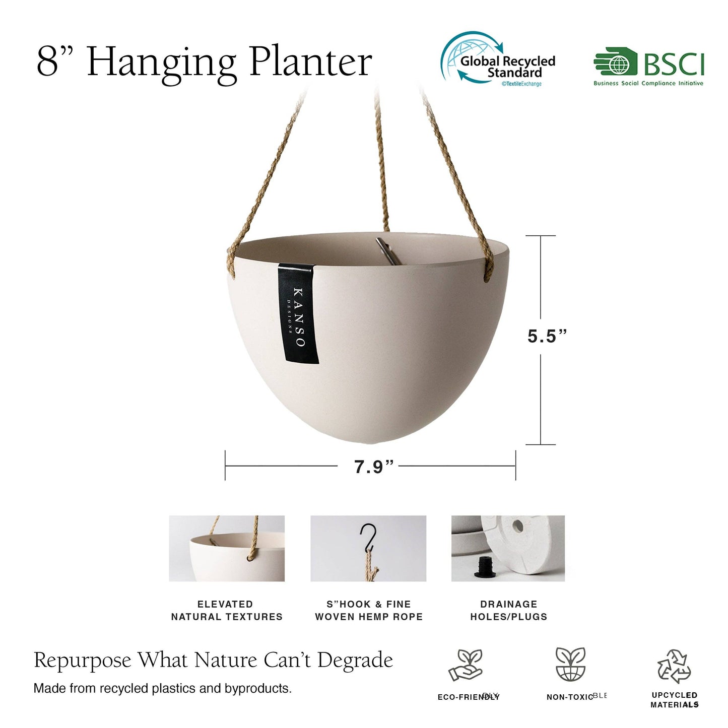 8" Upcycled Hanging Planters: Bamboo Fibre (Black)