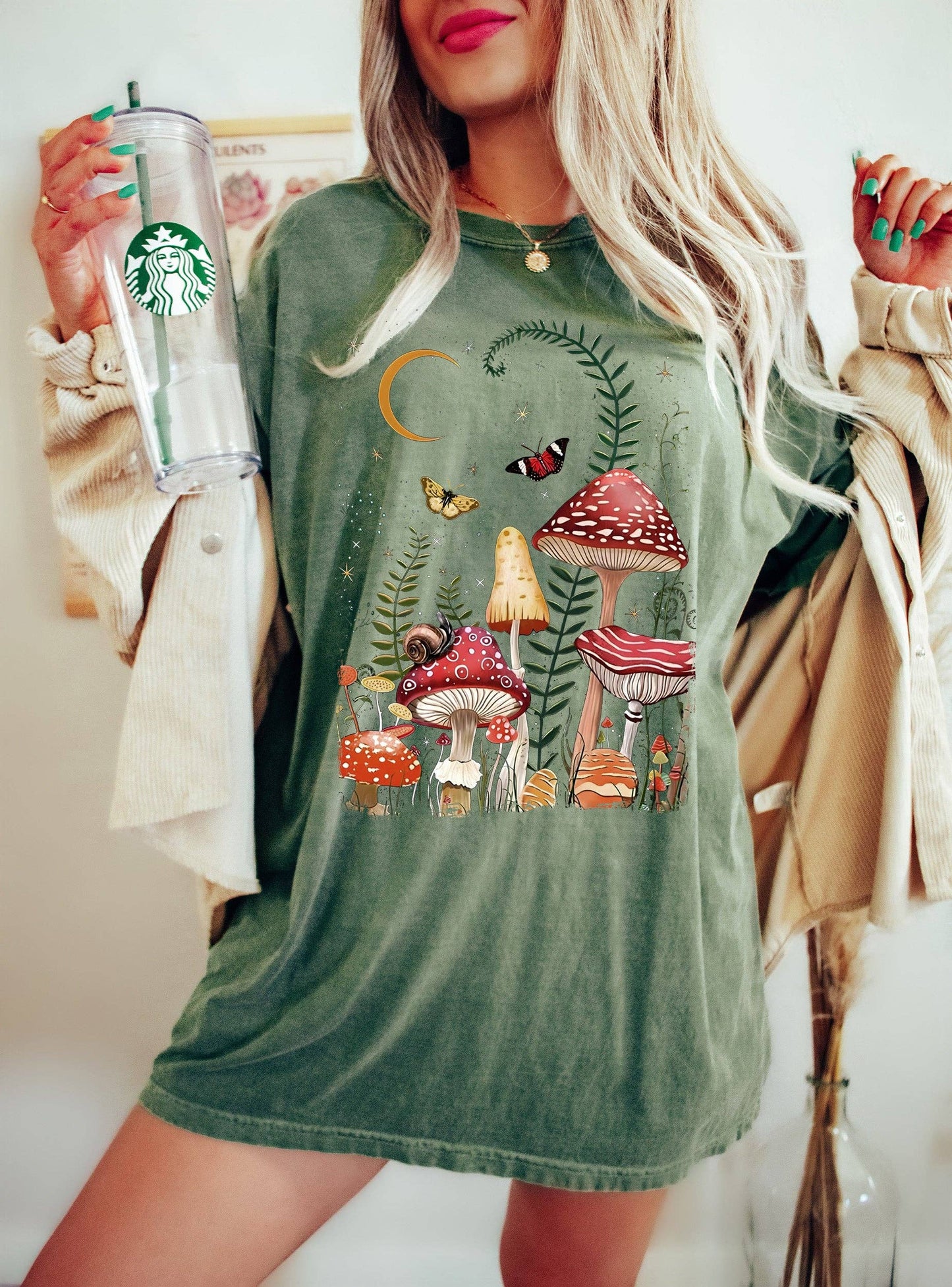 Mushrooms And Butterflies Celestial T-Shirt: Bay / L