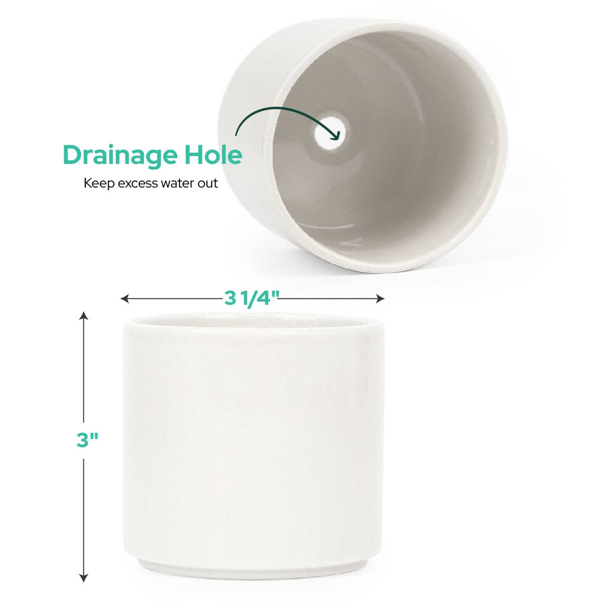 White Ceramic Plant Pot with Drainage, Pot for Succulents