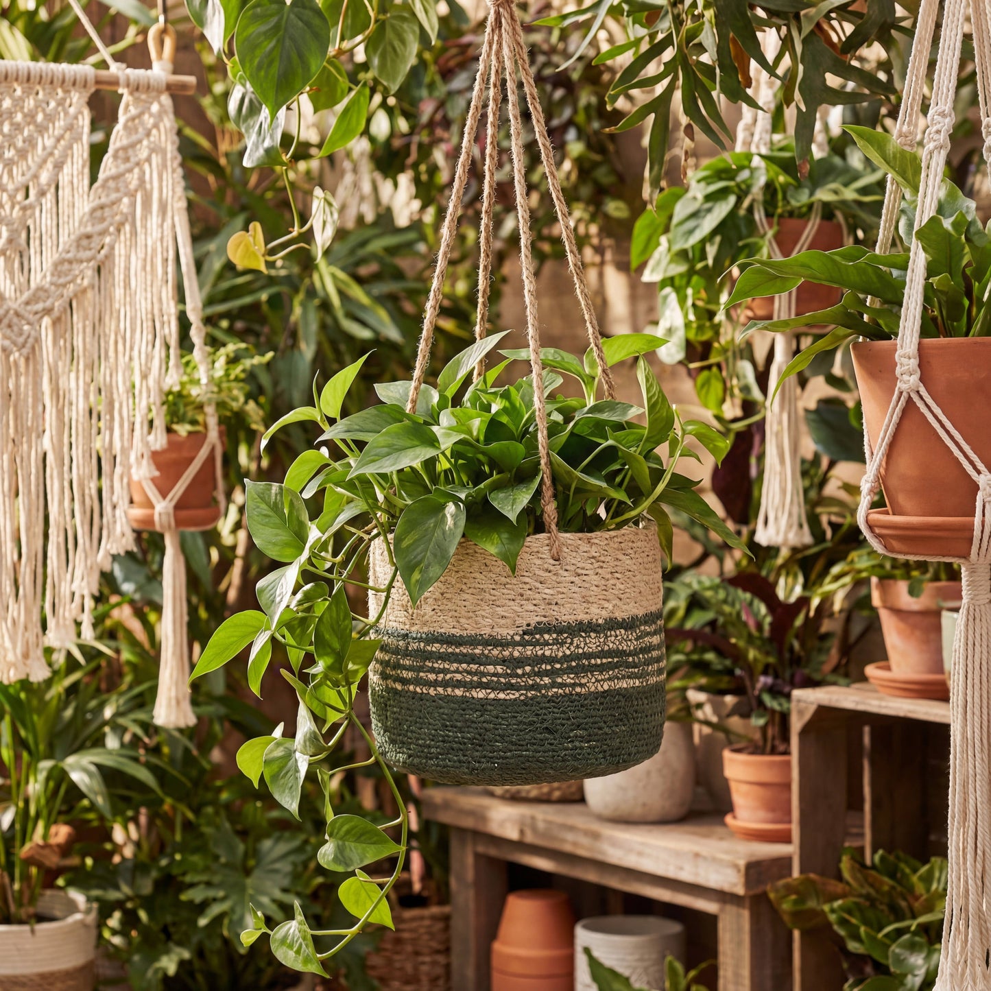 Hanging Green Seagass Planter (Set/3) (8.5",7", 4.5") Hanger