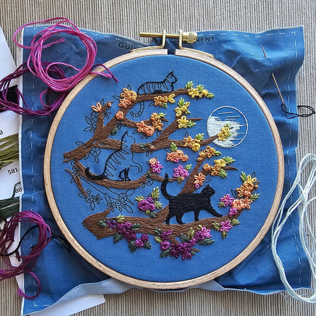Cats & Full Moon Embroidery Kit: Black Cats