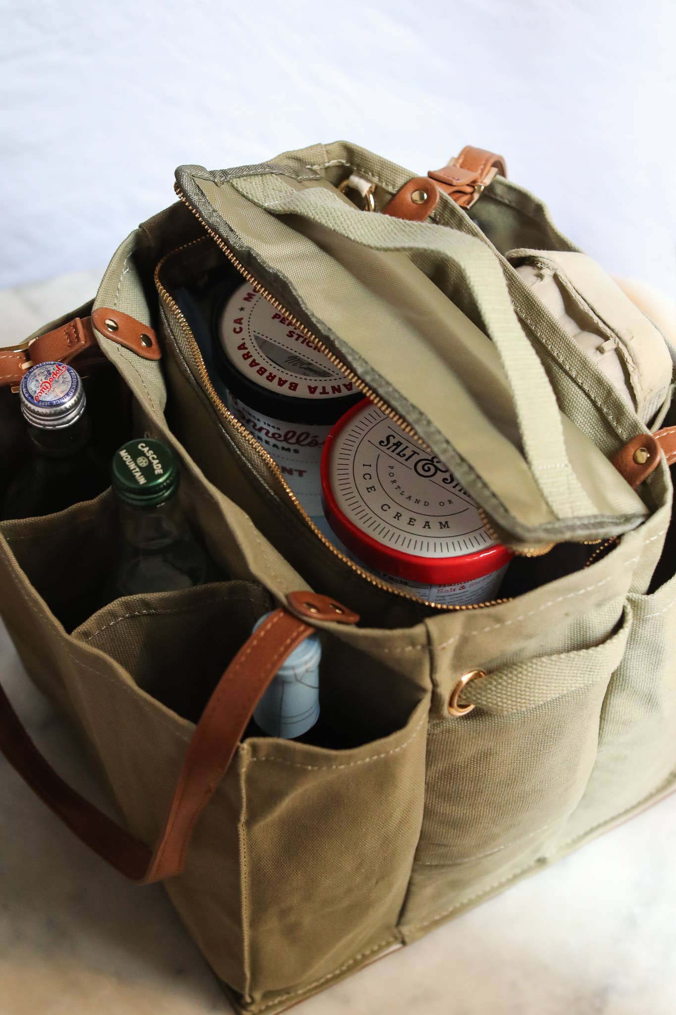 Caper Green Market Tote with Insert & Adjustable Handles