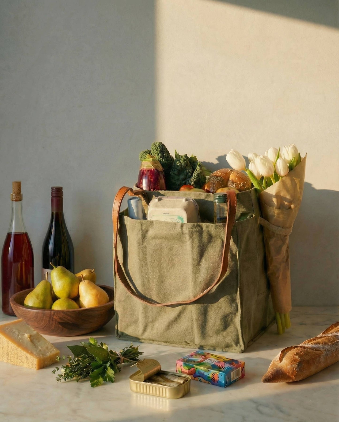 Caper Green Market Tote with Insert & Adjustable Handles