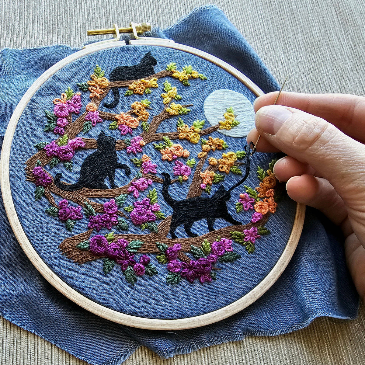Cats & Full Moon Embroidery Kit: Black Cats