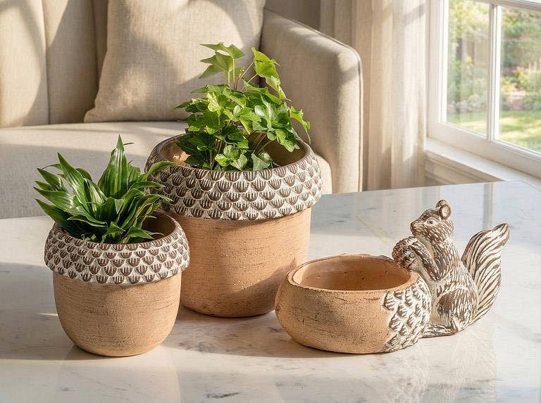 Acorn with Squirrel Low Bowl/Planter