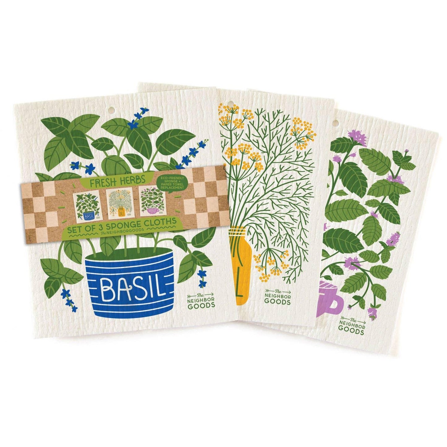 FRESH HERBS (Basil, Dill, Mint) - Sponge Cloth Set of 3