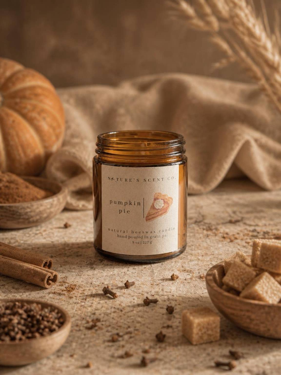 Pumpkin Pie Beeswax Candle, Wood Wick