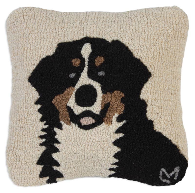 Bernese Mountain Dog 14x14 decorative hooked wool pillow