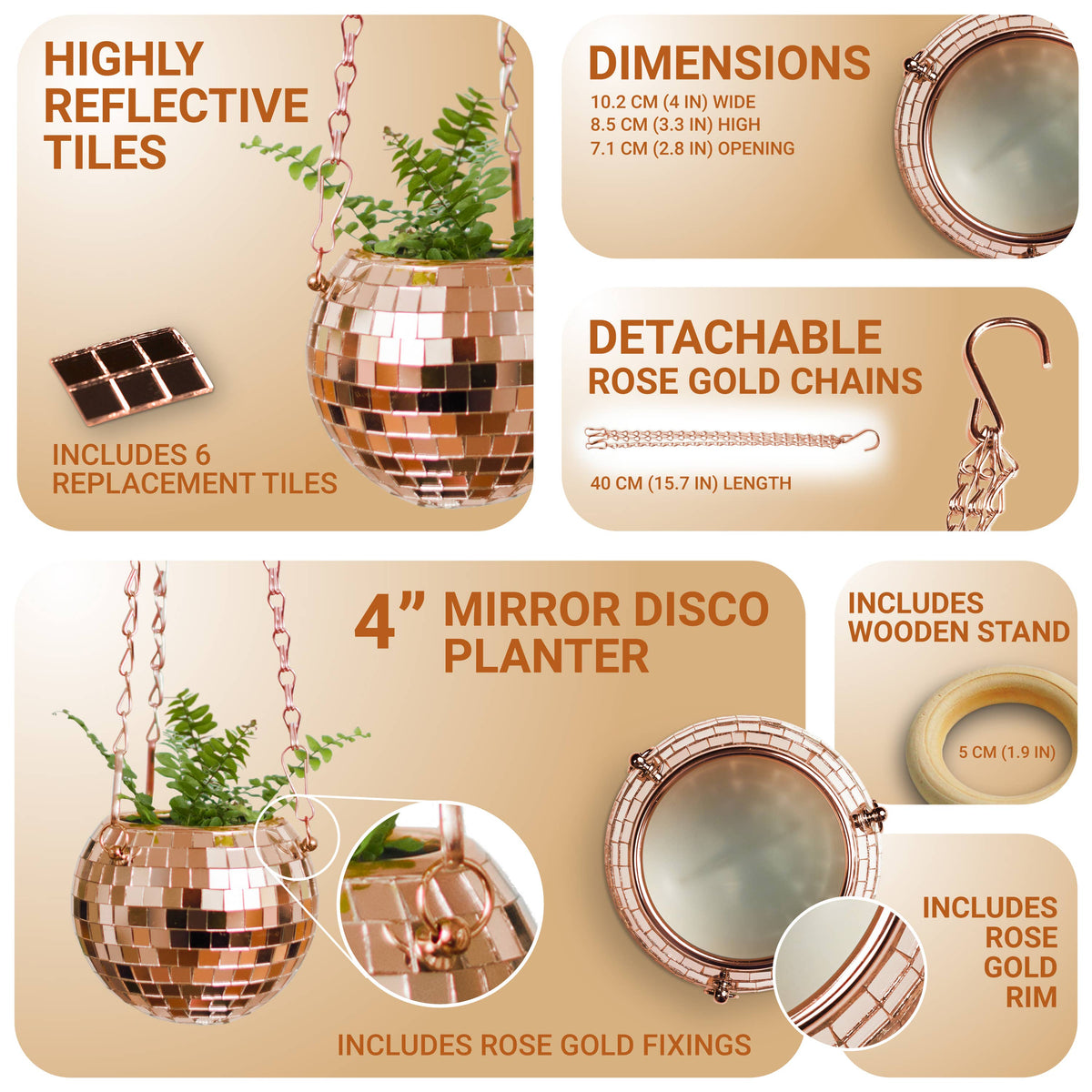 Rose Gold Disco Ball Hanging Planter  4-inch