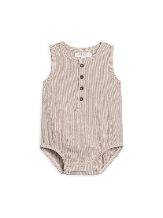 Organic Wren Seersucker Bubble Romper - Shore Stripe/Truffle: 12-18M