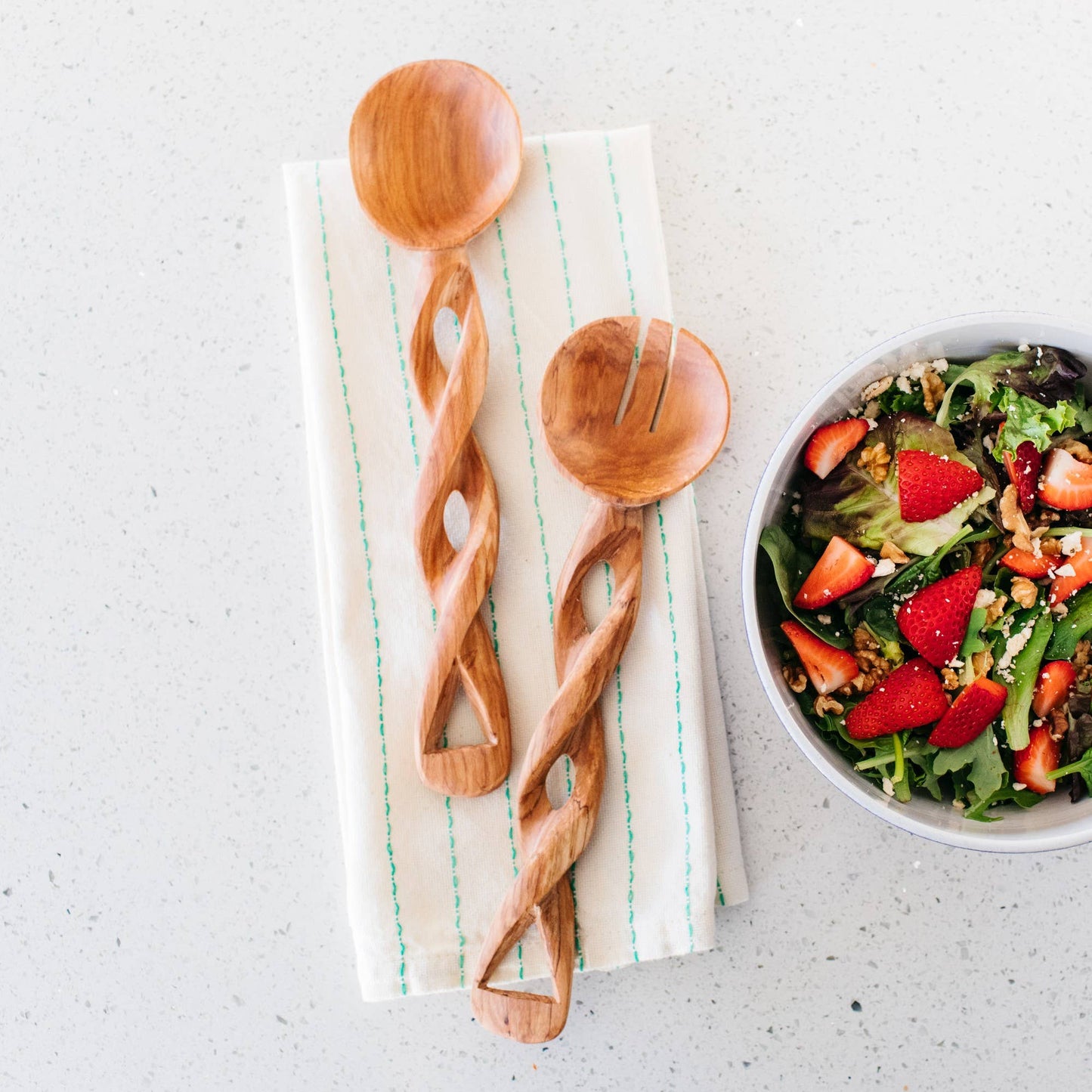 Olivewood Twisted Salad Serving Set Spoons